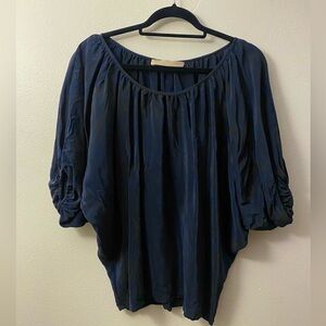 100% Silk Navy Blue Dolman Puff Sleeve Top Size S